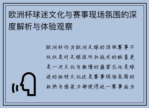 欧洲杯球迷文化与赛事现场氛围的深度解析与体验观察 欧洲杯球迷文化与赛事现场氛围的深度解析与体验观察